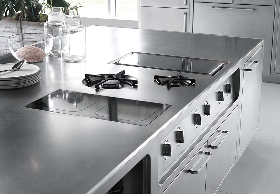 Abimis professional kitchen island with built-in appliances and stainless steel gloss