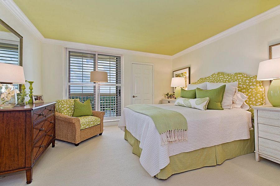 Add green to the bedroom with a beautiful painted ceiling