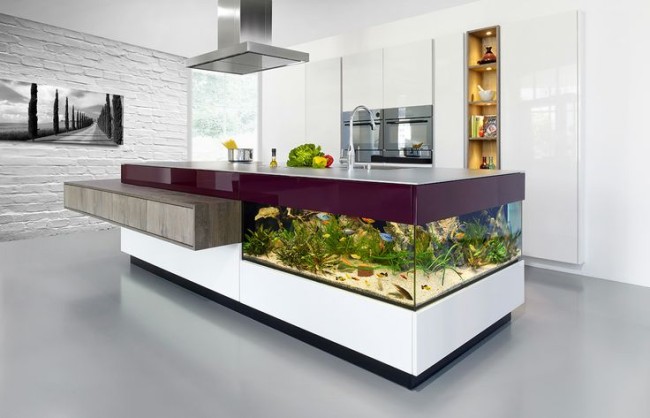 8 Extremely Interesting Places To Put An Aquarium In Your Home Decoist   Aquarium Built Into Kitchen Counter  650x418 