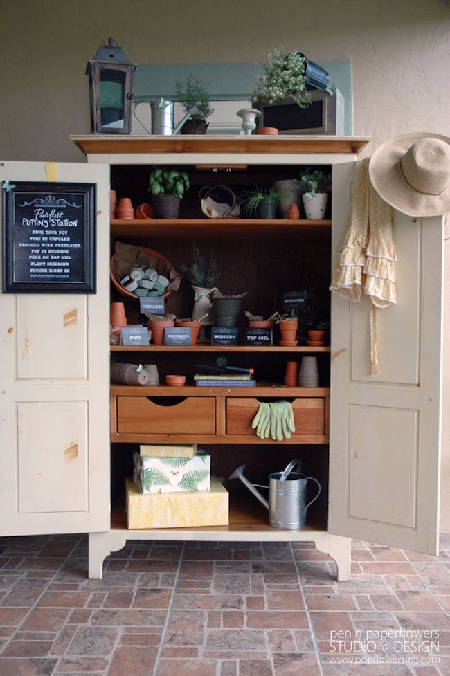 Armoire repurposed for gardening supply storage