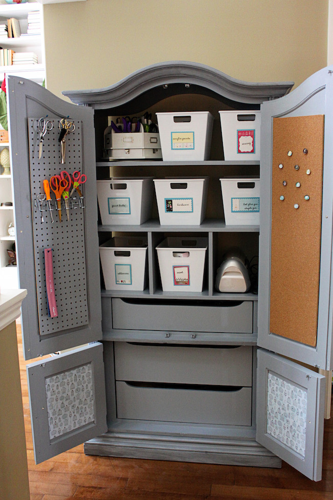 Armoire repurposed for organized storage