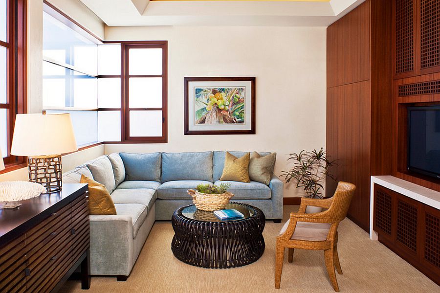 Beach style TV room with a comfy sectional [Design: Jeremy Harnish Designer Finishes]