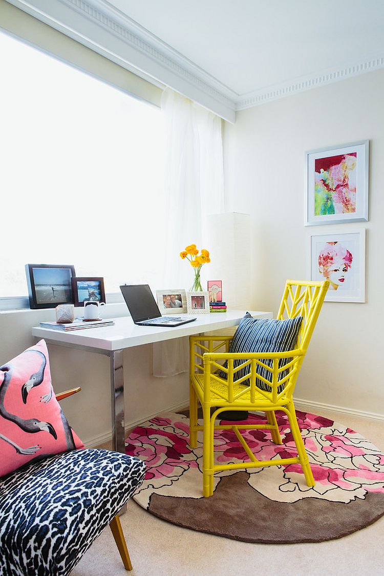 Beach style home office with colorful, yellow chair [Design: The Home]