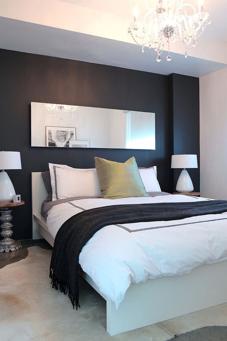 Black chalkboard paint wall left untouched in the contemporary bedroom [Design: Stephanie Brown Inc.]