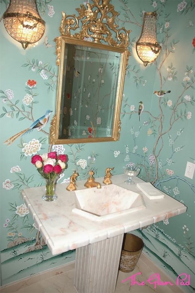 Blue Chinoiserie Bathroom with Sconces