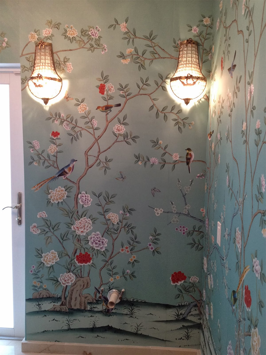 Blue Chinoiserie Paper Bathroom with Sconces