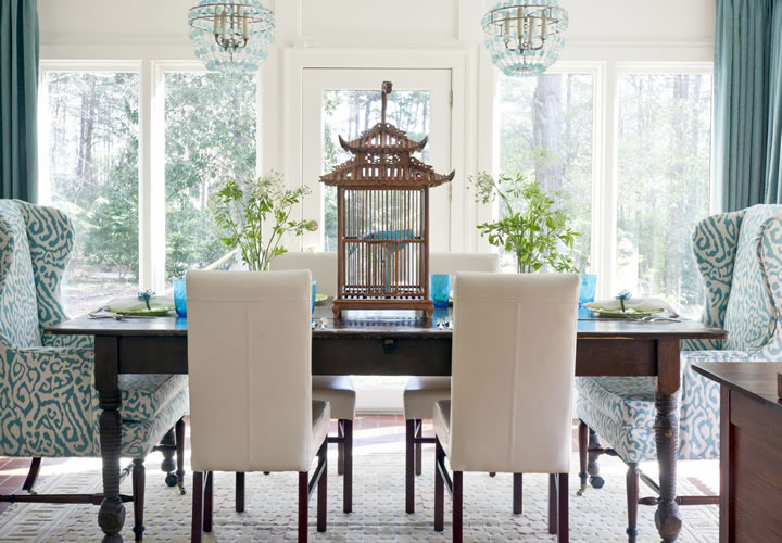 Blue and White Airy Dining Room with Bird Cage Centerpiece