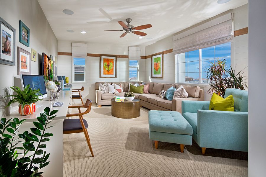 Breezy and cheerful home office in white and light blue