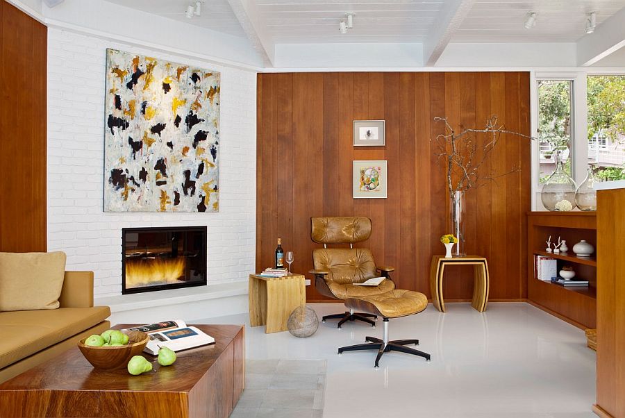 Brick and wooden walls shapes a lovely living room with midcentury flair