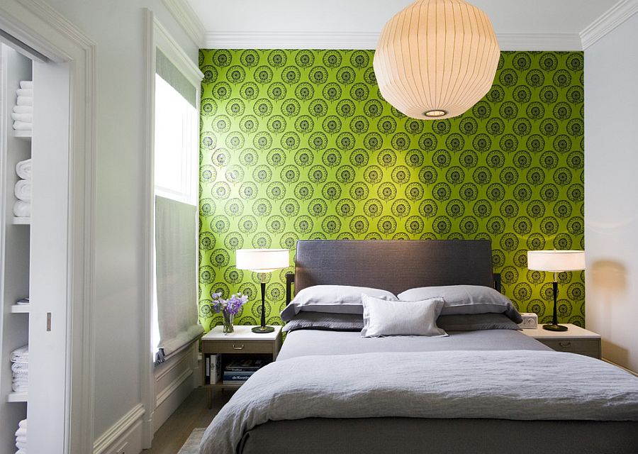 Bright wallpaper from Cole & Sons coupled with hints of gray in the bedroom [Design: Todd Davis Architecture]