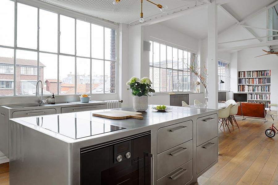 Brilliant and ergonomic kitchen island with cabinets in stainless steel