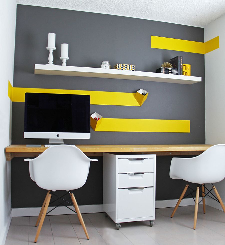 Budget home office design with white IKEA floating shelf [Design: K&L Interiors]