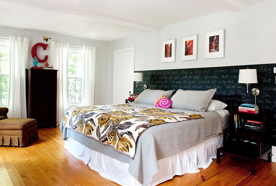 Chalkboard paint creates an eclectic accent addition inside the bedroom [Design: Jennifer Clapp / Mary Prince Photography]