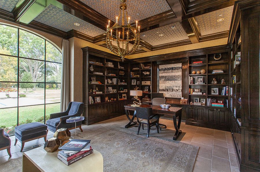 Coffered ceiling and lovely chandelier give the home office a refined look [Design: Phillip Jennings Custom Homes]