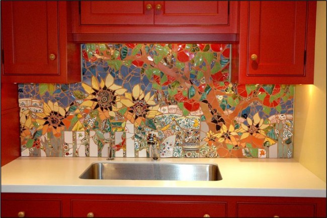 Colorful Mosaic Backsplash Featuring Flowers 650x433 