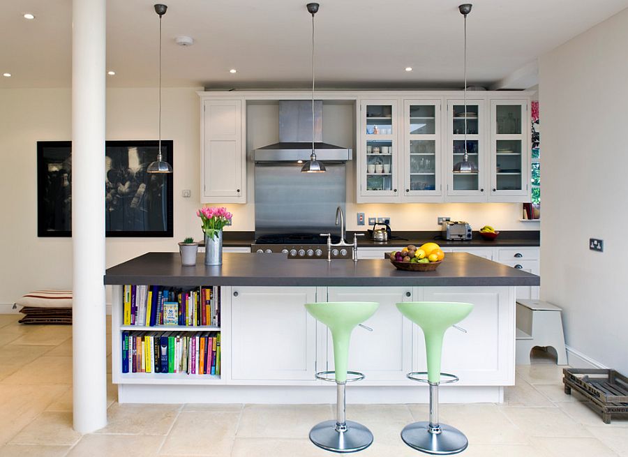 Combine open shelves with closed cabinets for a smashing kitchen island