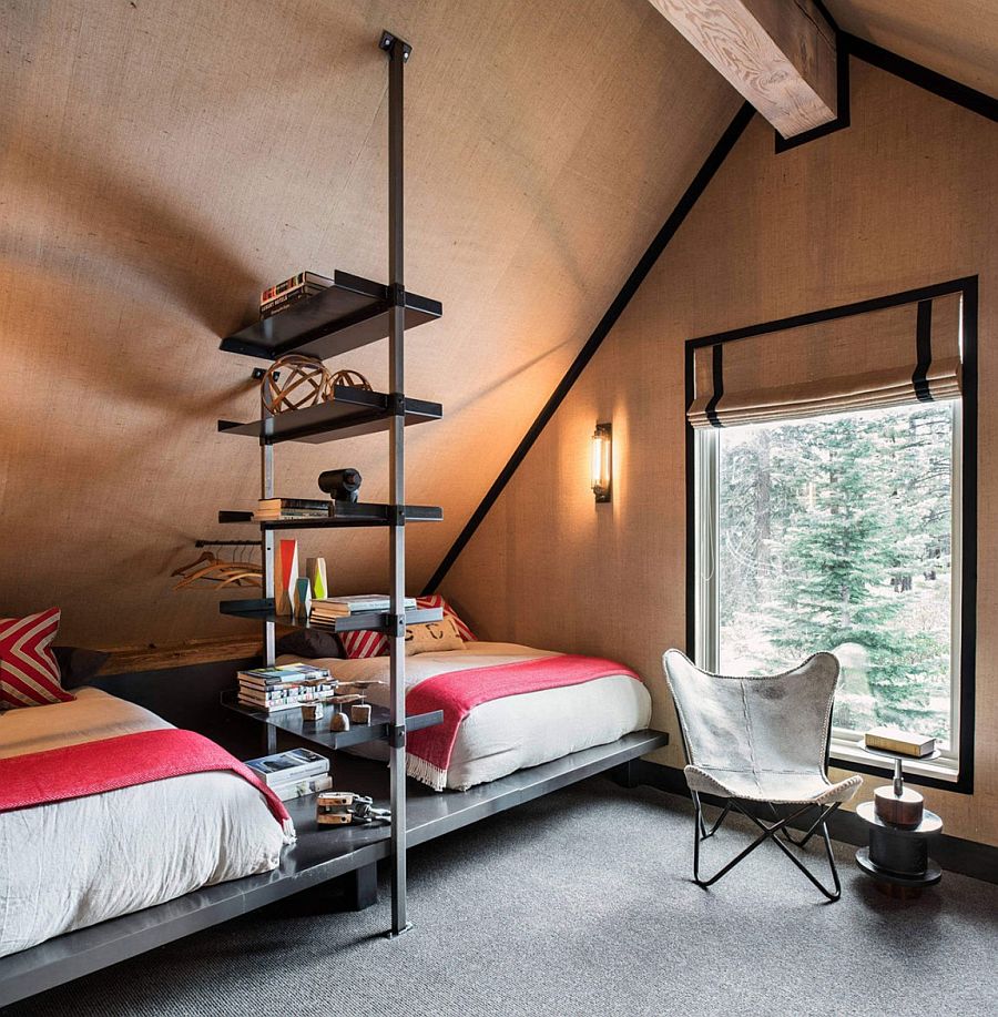 Cozy burlap bedroom with twin beds and lovely mountain views