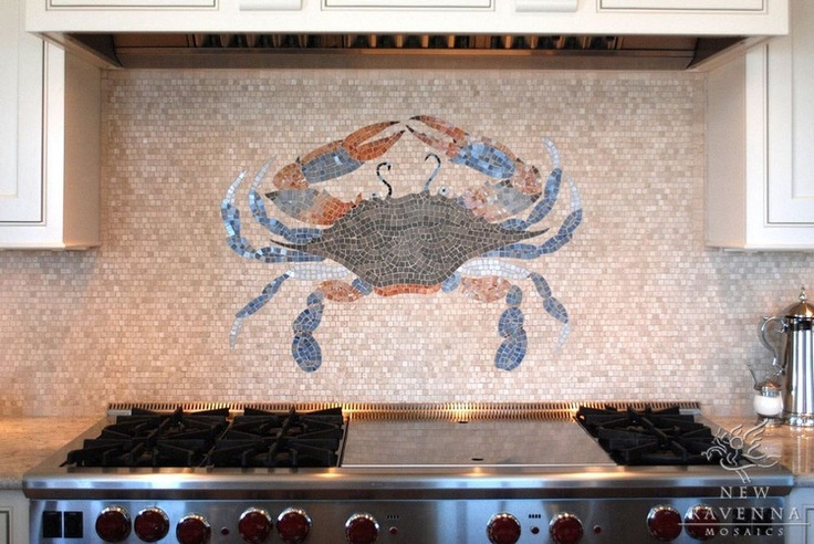 Crab design in mosaic backsplash