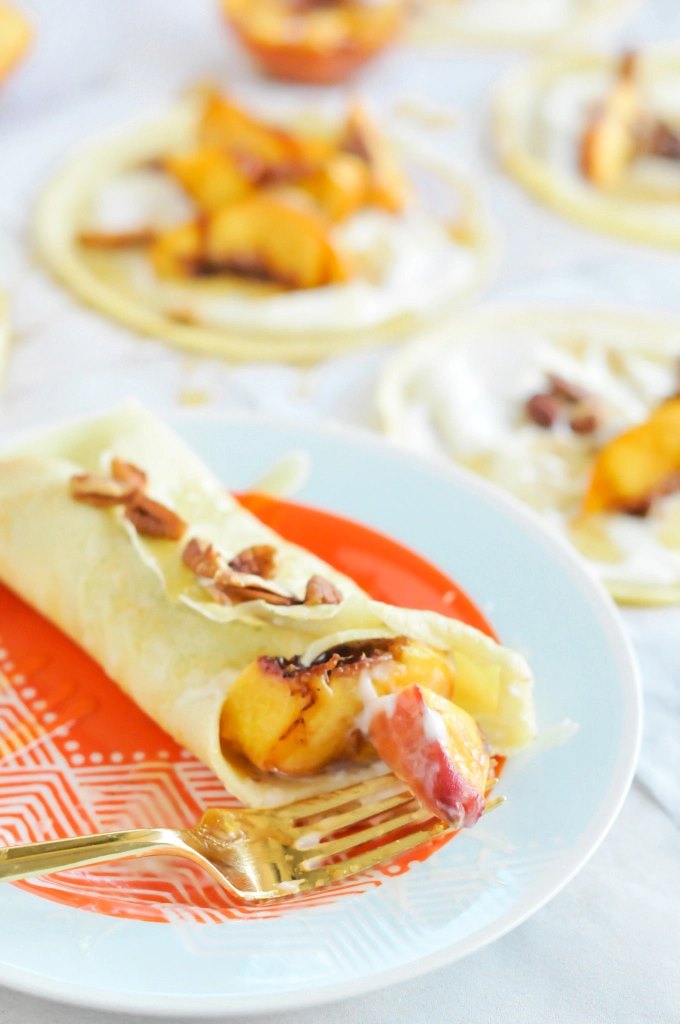 Crepes with peaches and maple glaze from Proper