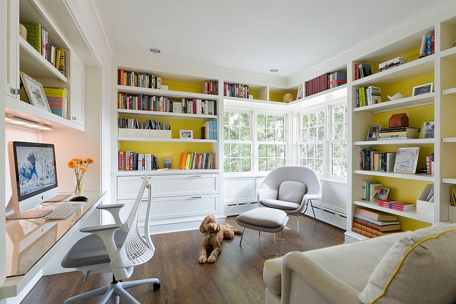 Custom built desk and dazzling shelves for the trendy home office