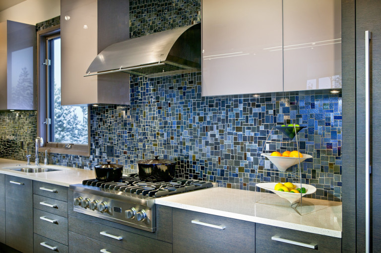 light blue gray tile mosaic kitchen