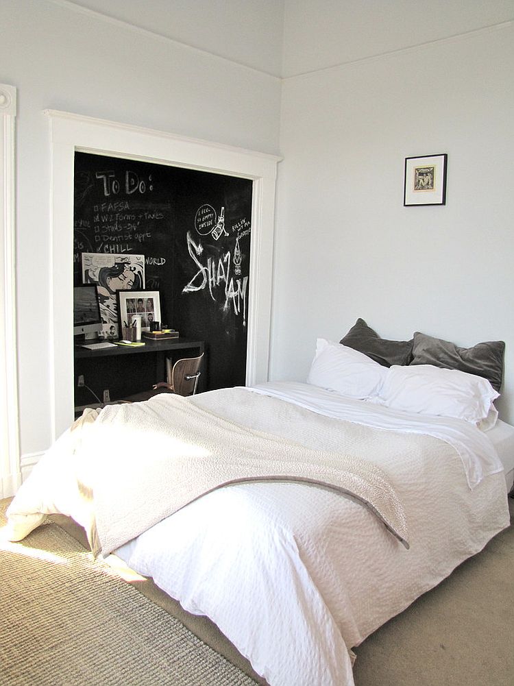 Dark chalkboard paint creates lovely visual contrast and a focal point in the bedroom