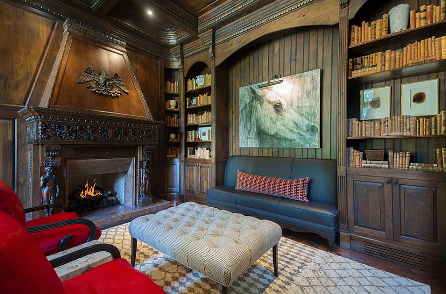 Dark paneled walls bring coziness to the plush home office