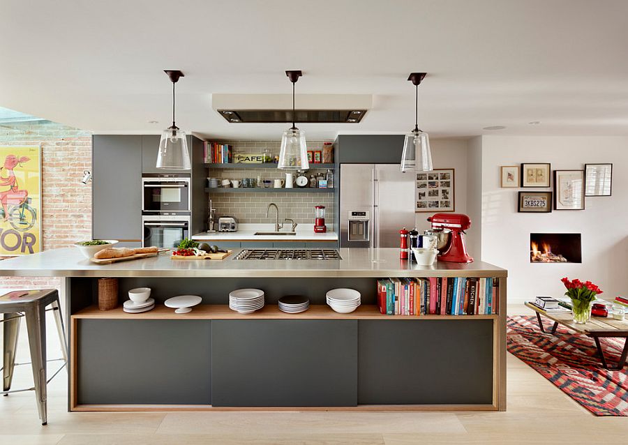 Dashing Kitchen Island In Gray With Open Shelving And Sleek Stainless Steel Countertop 