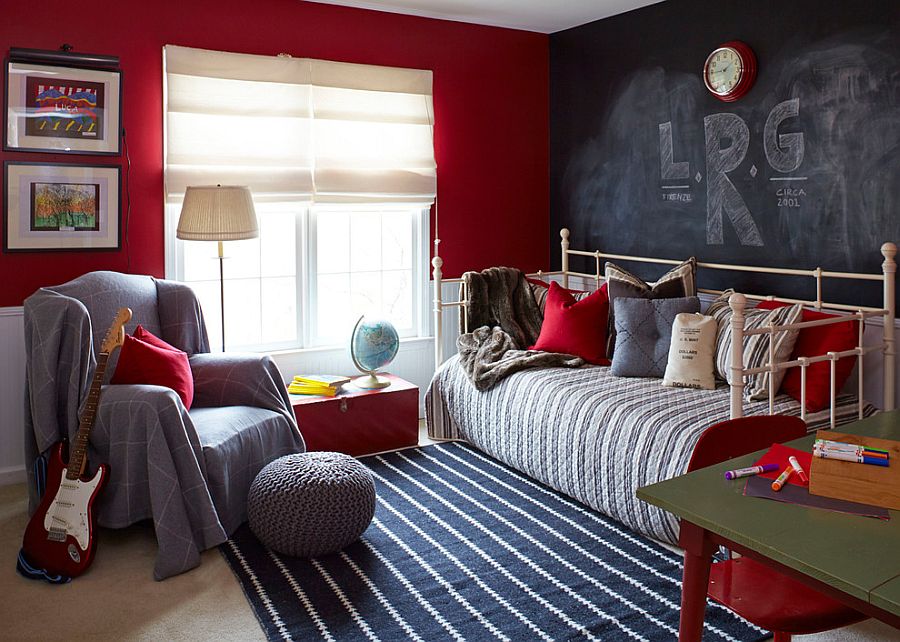 Daybed and chalkboard wall create a more informal and fun bedroom [Design: Lisa Gabrielson Design]