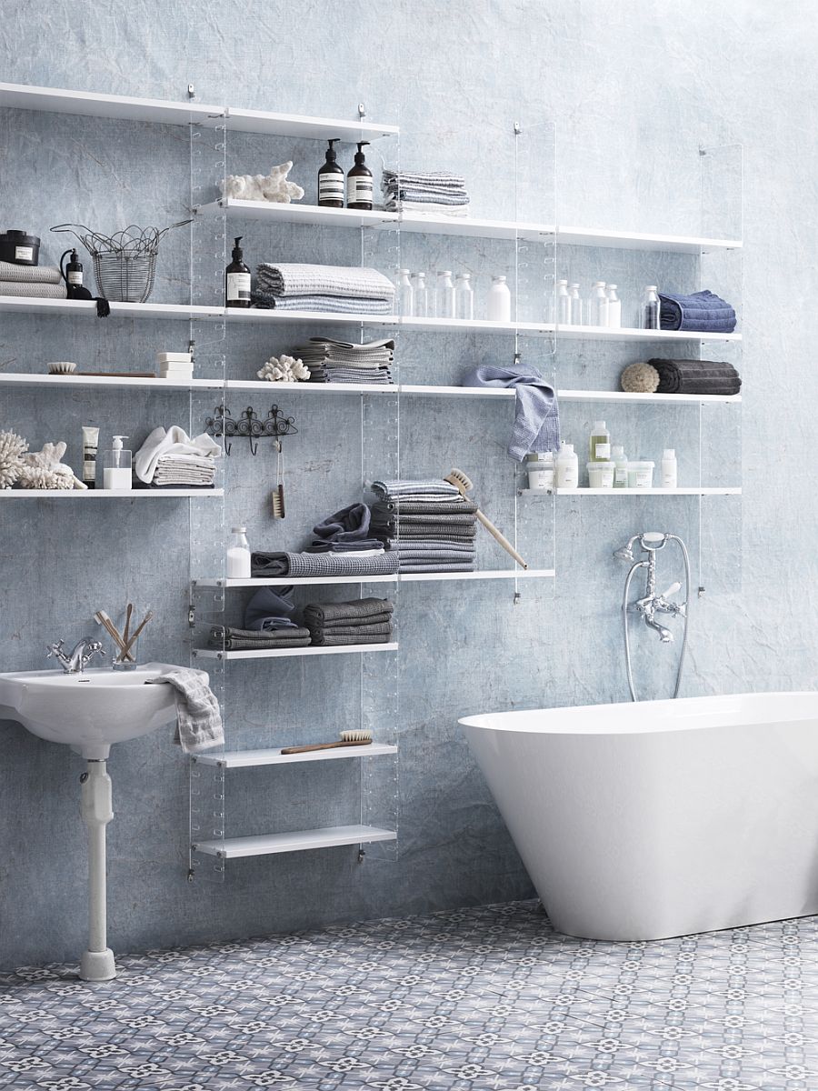 white modular shelving system in bathroom