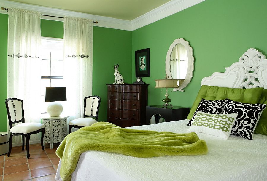 Eclectic budget bedroom design with loads of green [Design: Design Theory Interiors of California / Chris Little Photography]