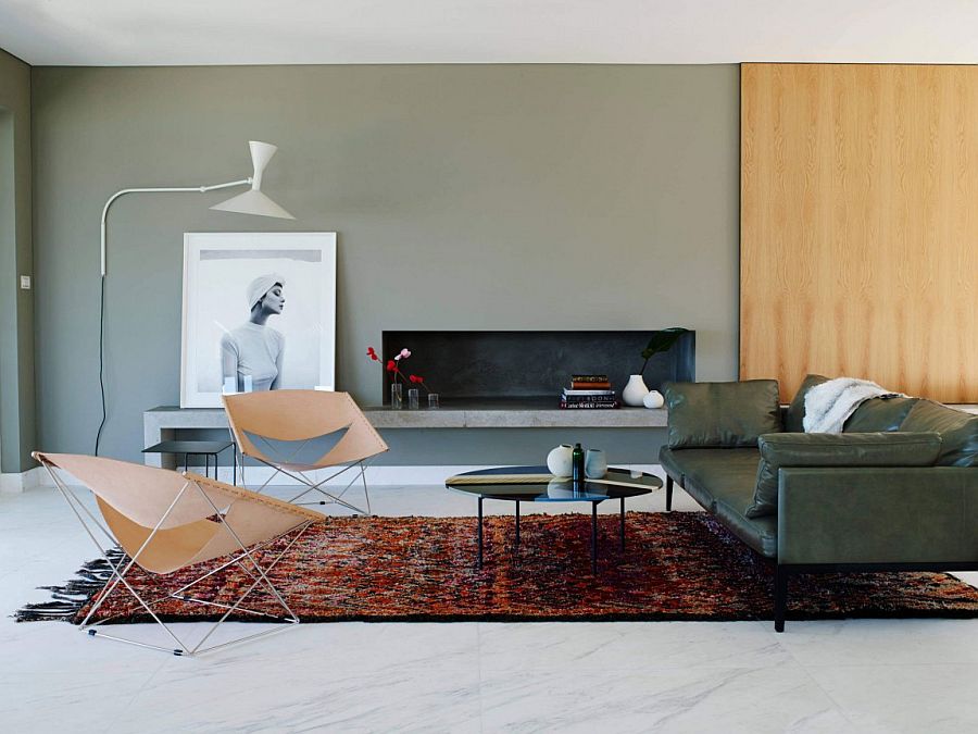 Elegant concrete bench in the living room with unassuming minimal style