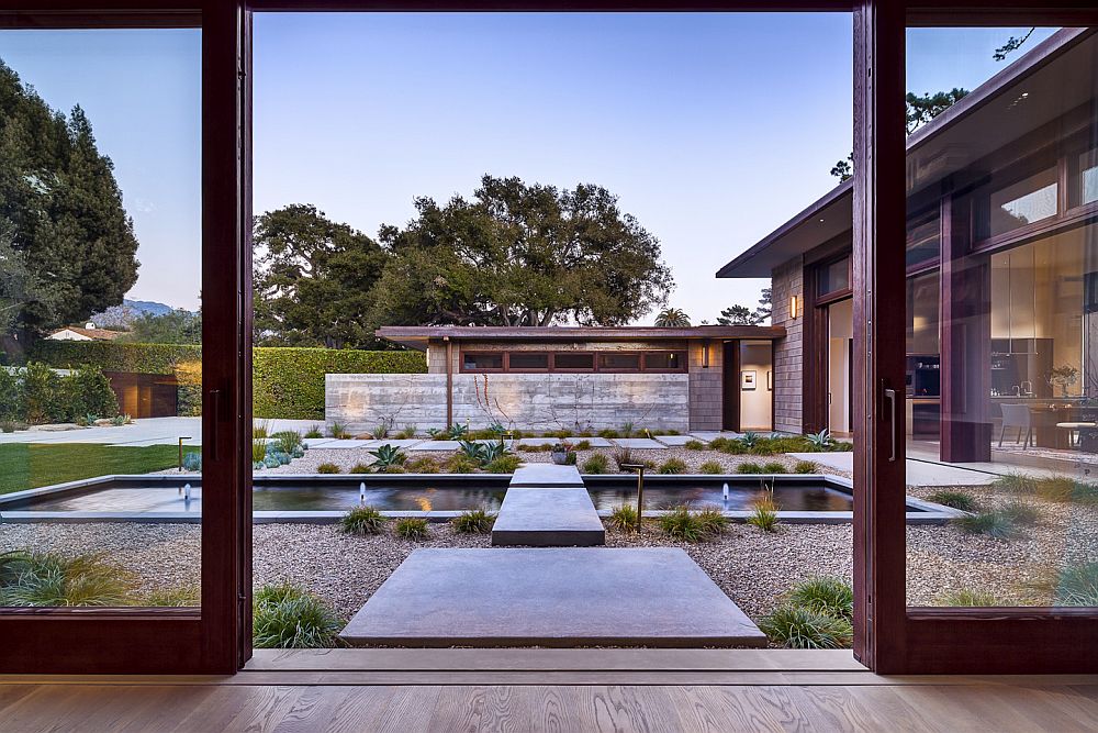 Exquisite courtyard of the Santa Barbara home welcomes you with its zen-like brilliance