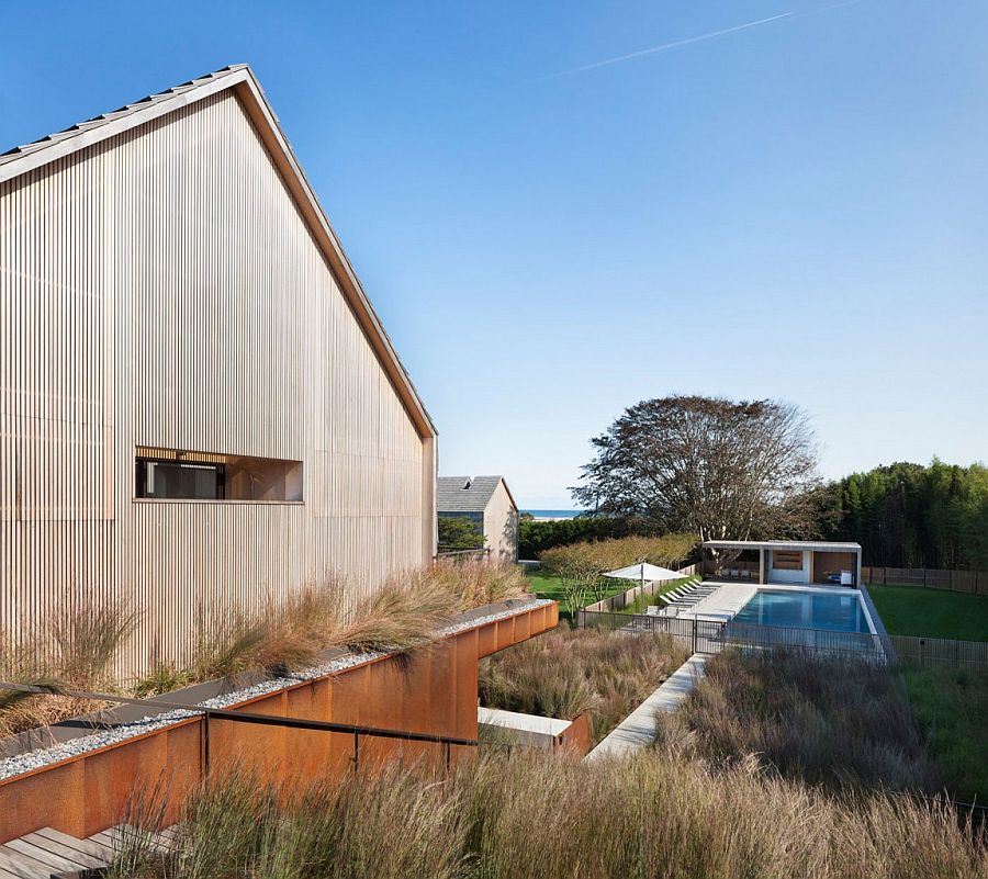 Exterior of the barn-styled home reflects the traditional design in the oceanfront community