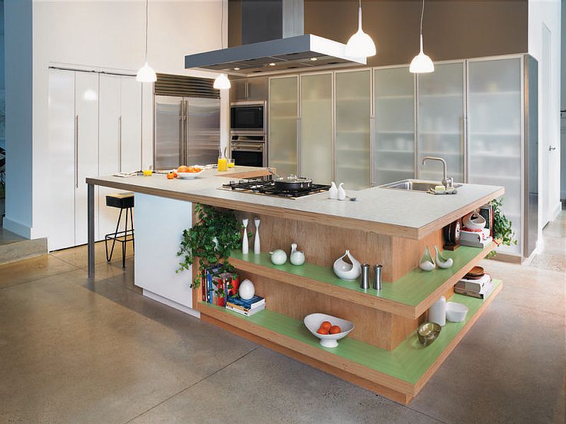 Combination kitchen/living room with shelves in kitchen island