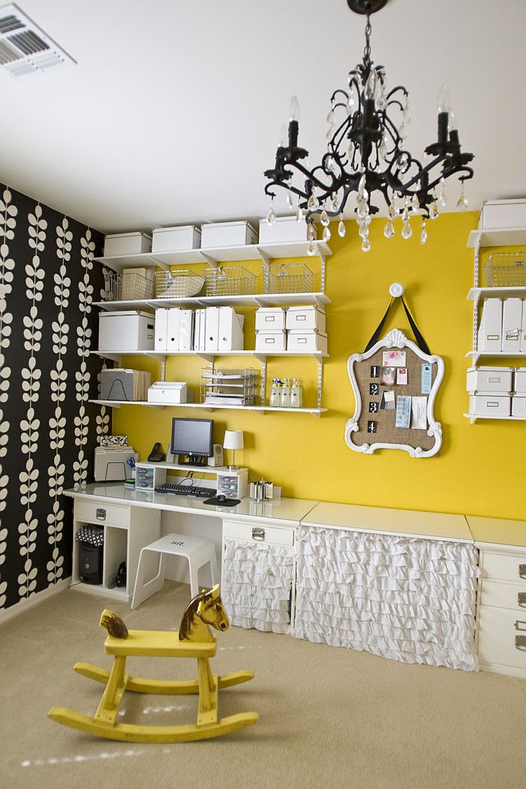 Fabulous wall shelves and yellow accent wall enliven the cool home office