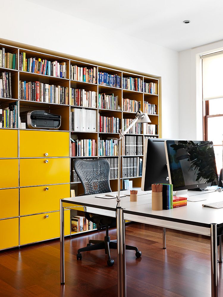 Filing cabinets in cheerful yellow steal the show in this home office