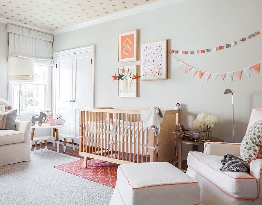 Gender neutral nursery design in gray and peach with custom ceiling design