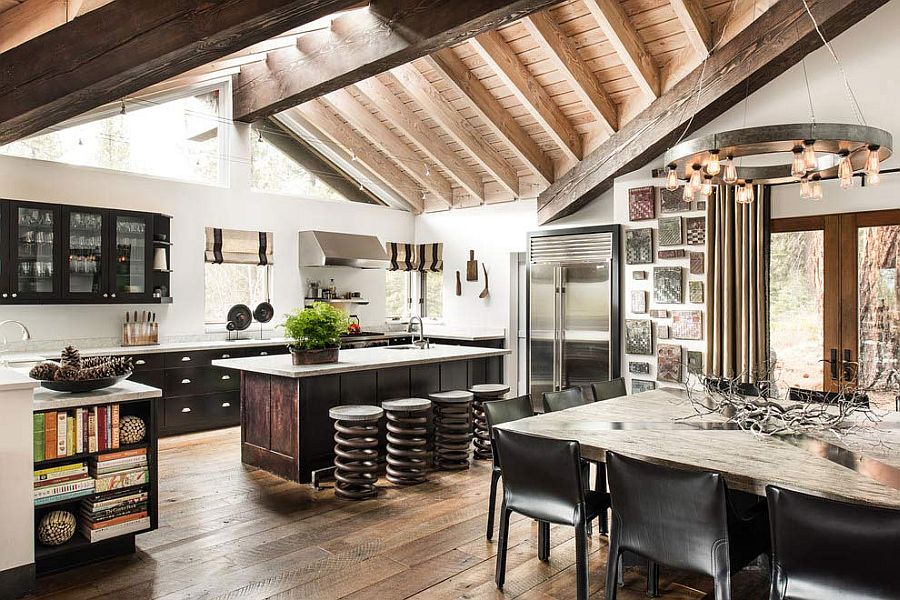 Gorgeous kitchen and dining area offers a relaxed rustic vibe with recycled style