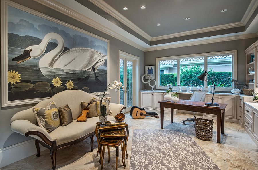 Gray home office with vintage decor and Mediterranean style [Design: Harwick Homes]