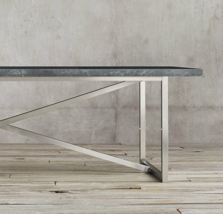 Grey marble and stainless steel dining table from Restoration Hardware