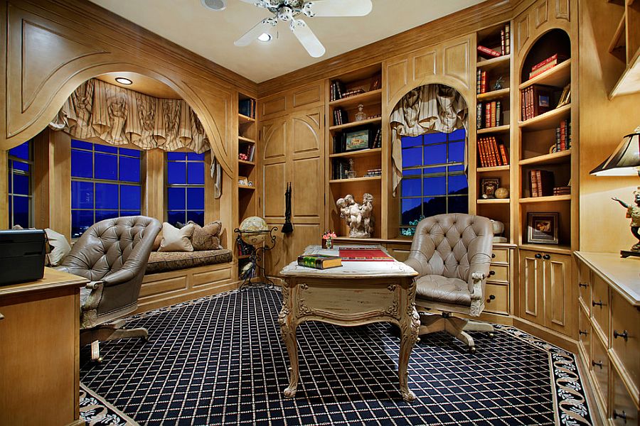 Home office and study with comfy window seat and brilliant lighting [Design: Alexandra Lauren Designs]