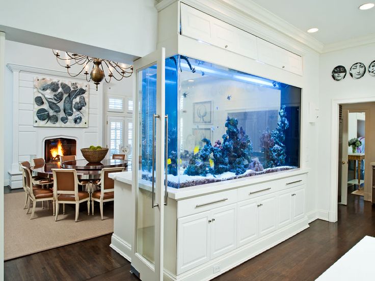 Huge fish tank separating dining room from kitchen