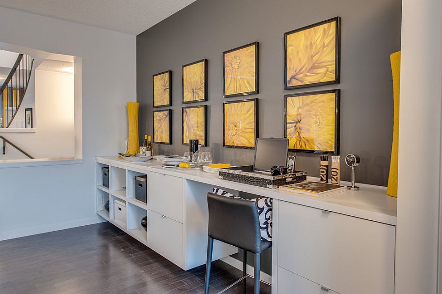 Interesting use of modern prits to add yellow to the home office