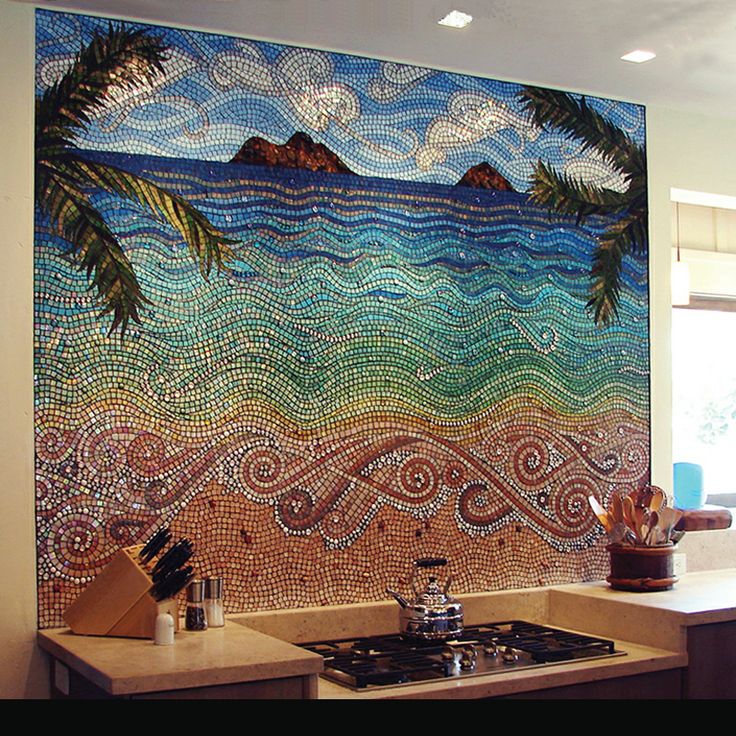 Intricate beach mosaic backsplash