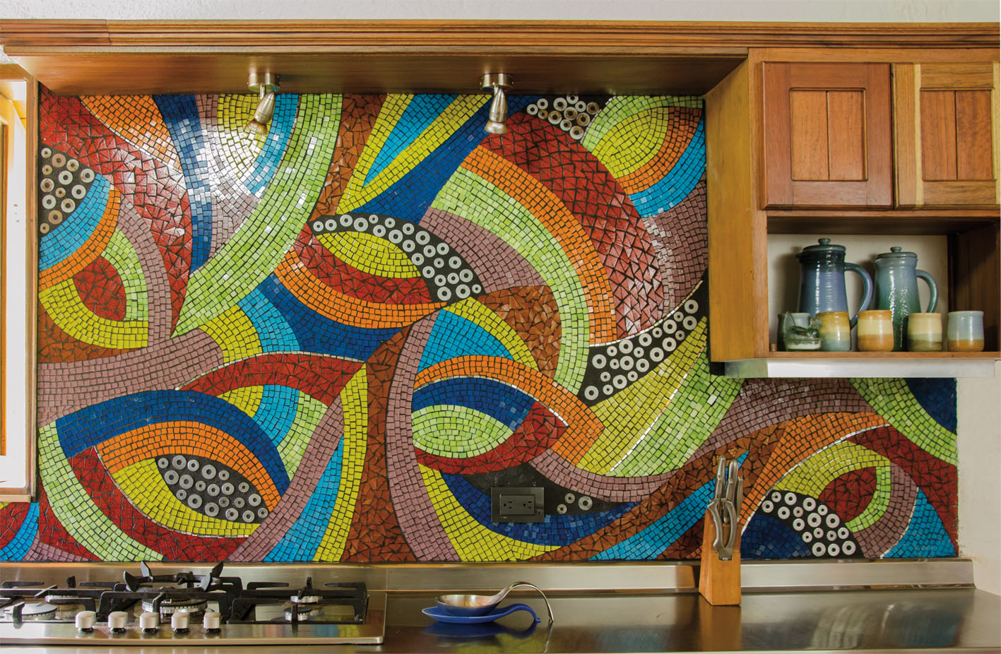 Large mosaic backsplash in very bright colors