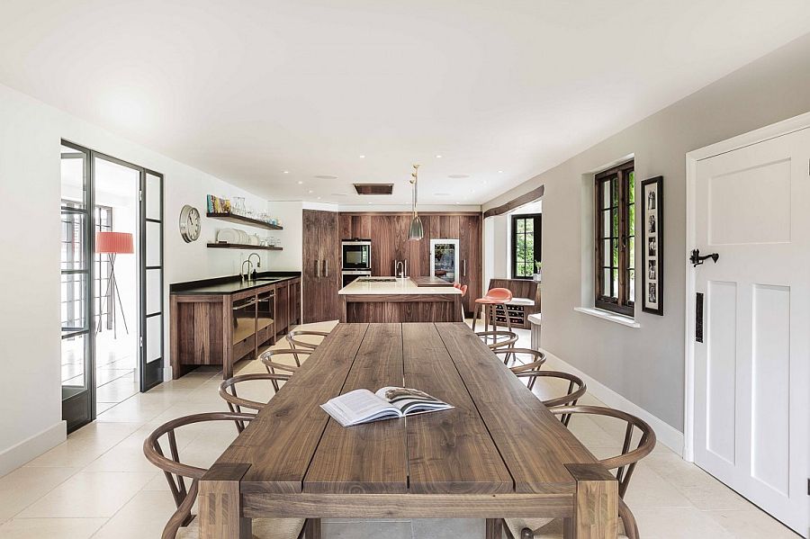 Large wooden dining table and classic wishbone chairs