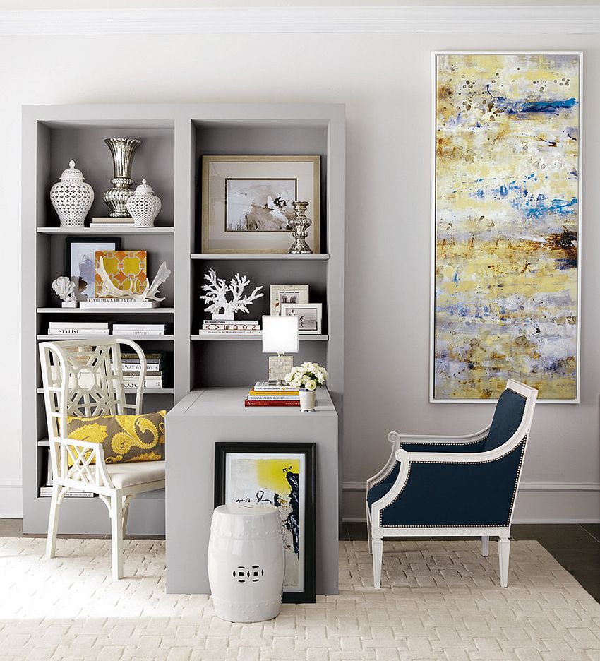 Lovely balance between traditional and modern styles created by home office décor [Design: Horchow]