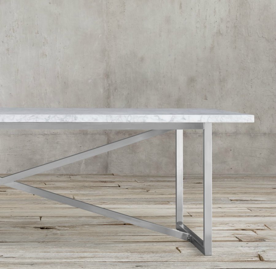 Marble and stainless steel dining table from Restoration Hardware