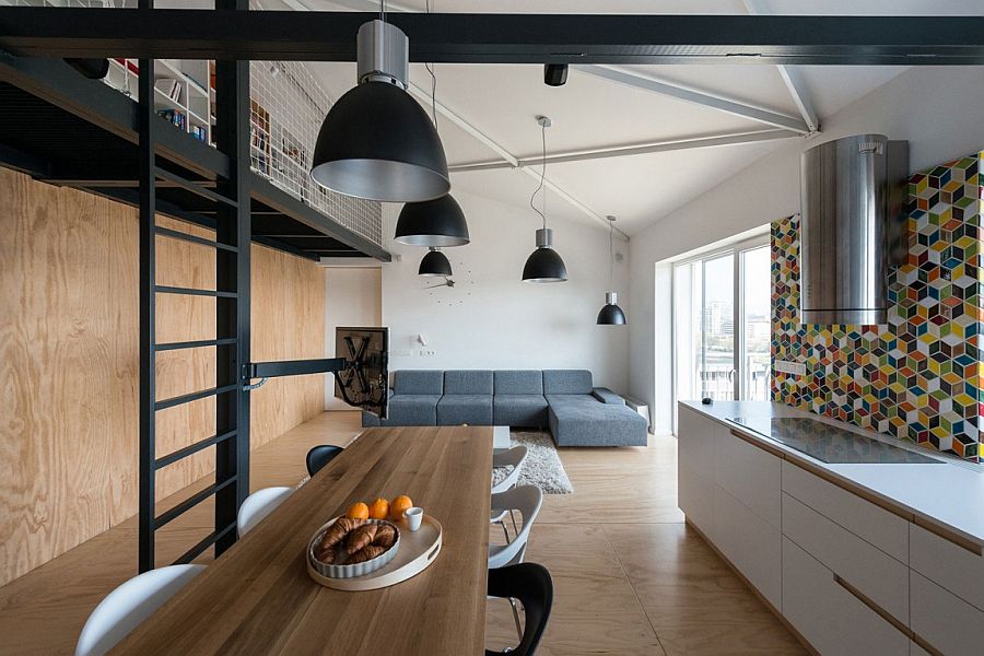 Metallic ladder and a custom TV stand for the industrial loft